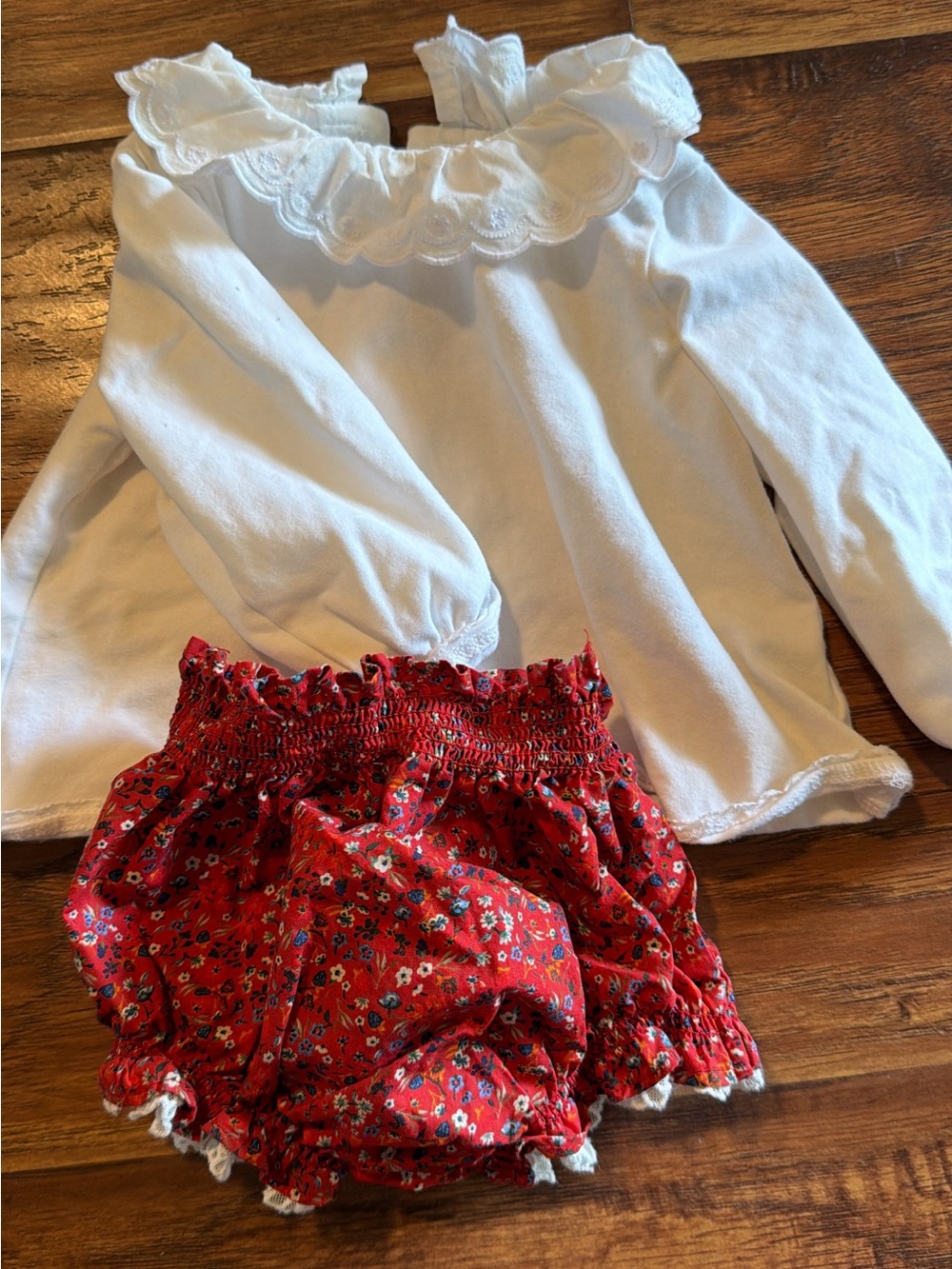 Edgehill Collection White Ruffle Top with Red Floral Bloomers